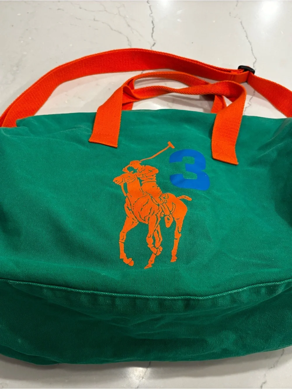 Polo by Ralph Lauren Green Canvas Duffel with Orange Trim and Blue Accent
